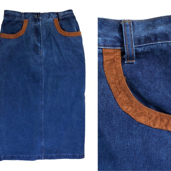 Vintage Dresses & Skirts - Vintage Skirt 1990s Maxi Denim Faux Suede Trim Long Washed Jean Skirt Size Large